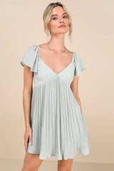 Amalfi Coast Mint Blue Pleated Flutter Sleeve Mini Dress