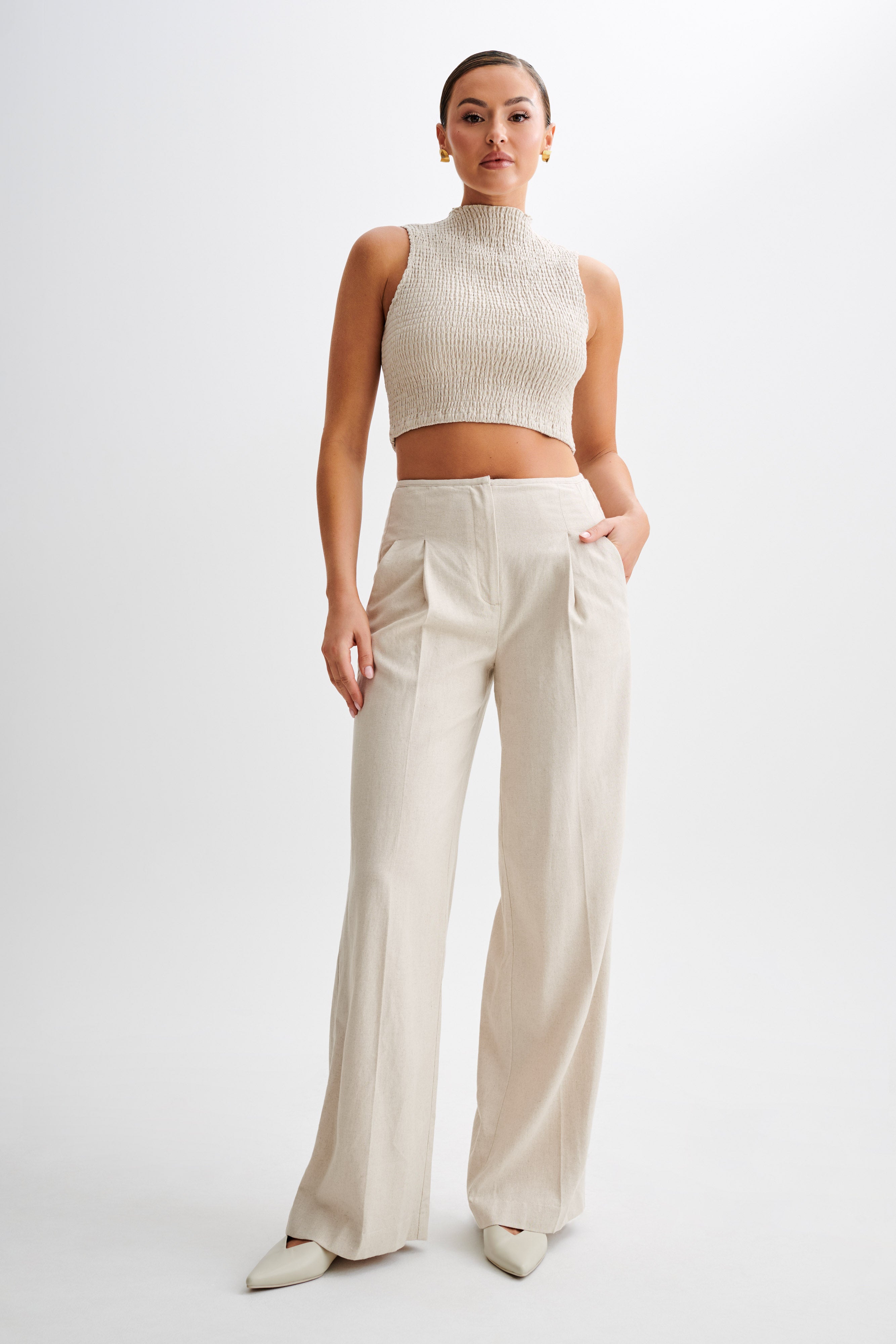 Emanuelle Sleeveless Linen Shirring Top - Natural